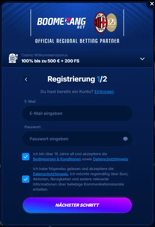 Registrierung bei Boomerang Bet